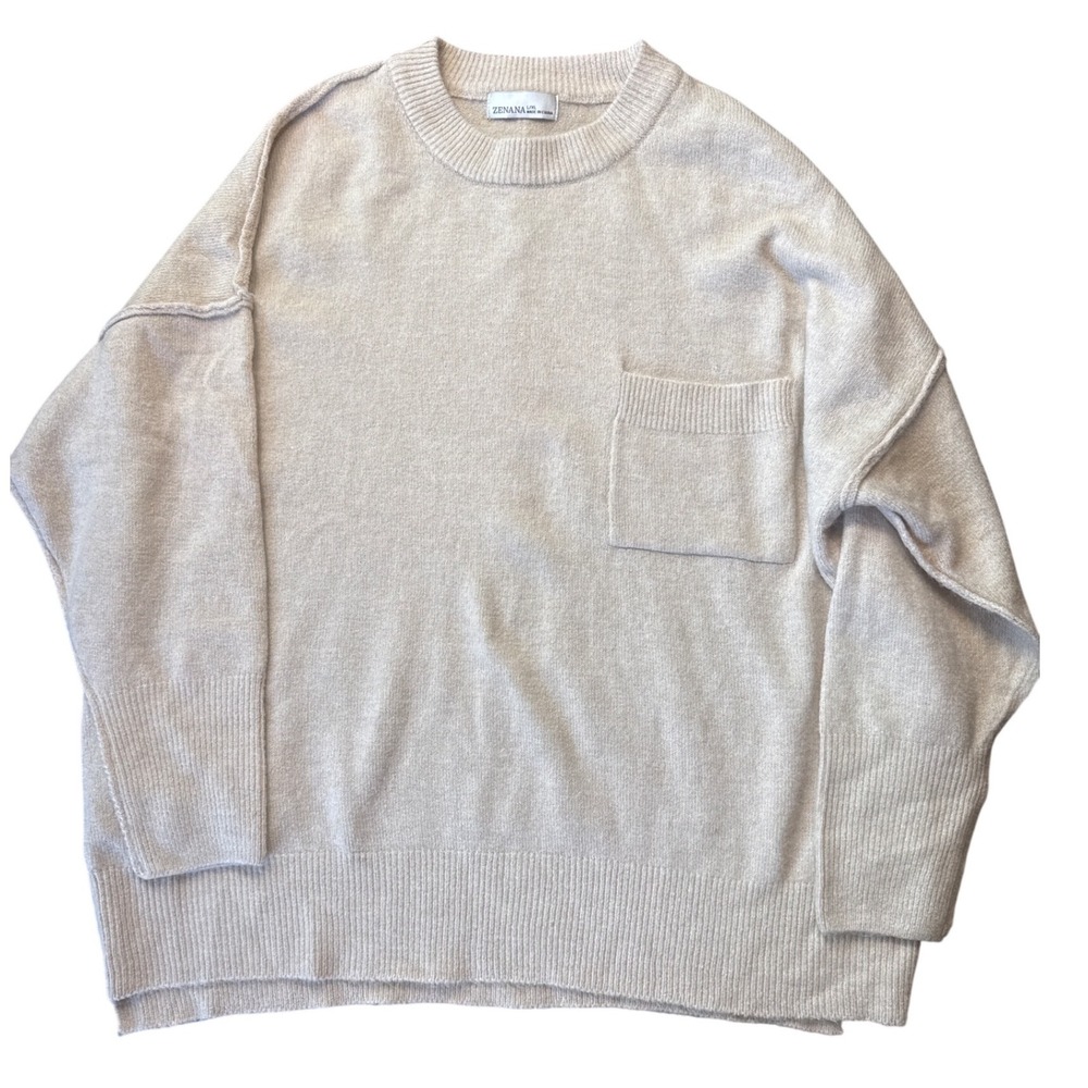 Zenana Oversized Pocket Sweater Women L/XL Beige Crewneck Pullover NWOT